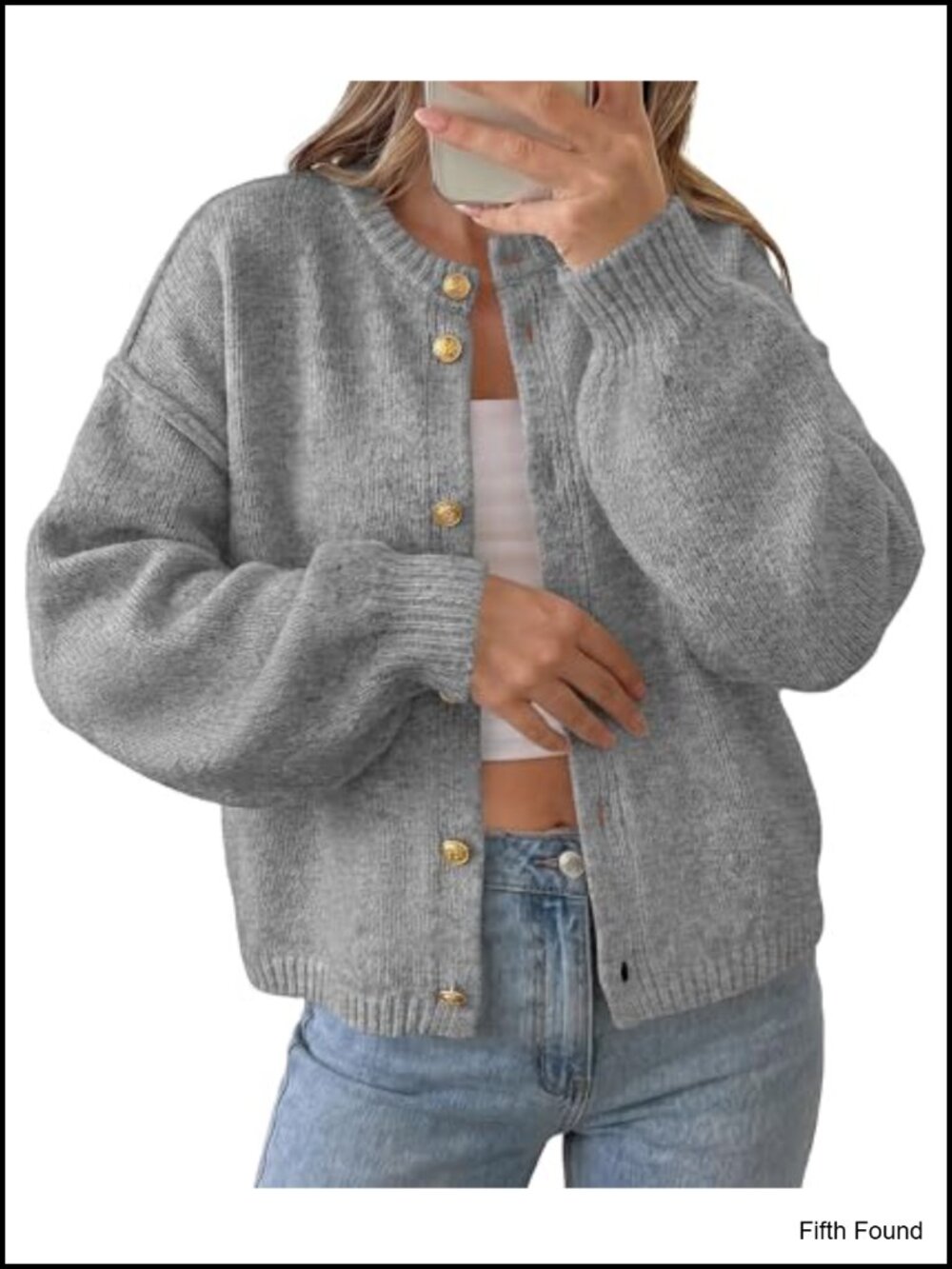 Women's Button Up Chunky Knit Cardigan Sweater Crew Neck Lantern Sleeve
